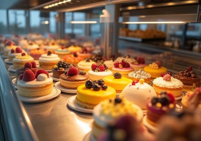 Utvalg av ferske kaker og desserter i disken.